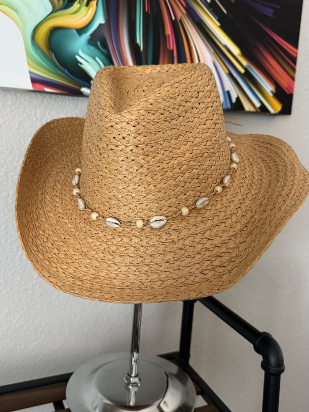 Straw Cowgirl Hat with Shell Bead Trim - Natural